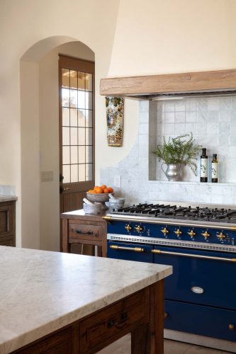 Los Olivos Residence architectural photography kitchen with blue antique stove