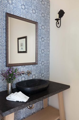 Los Olivos Residence architectural photography powder room with basin sink and blue tile wall